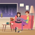 Books readers. man and woman sitting on sofa in living room and reading book. Vector background Royalty Free Stock Photo