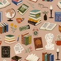 Books seamless pattern. Vintage cozy elements, printed publications, volumes of literature, retro library flying objects