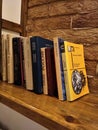 Books on a shelf against a brick wall Royalty Free Stock Photo