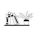 books are on a shelf with a flower in a pot icon. sketch hand drawn doodle style. , minimalism, monochrome. living room Royalty Free Stock Photo