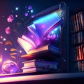 Books on a shelf at night. Vector illustration in cartoon style. Generative AI Royalty Free Stock Photo