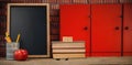 Composite image of books by slate with desk organizer and apple on wooden table Royalty Free Stock Photo