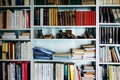 Books and souvenirs on shelves in home library