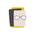 Vector flat pile of books with glasses isolated