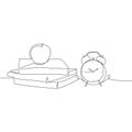 Books stack, alarm clock and apple One continuous line drawing, vector .Education and Back to school concept Royalty Free Stock Photo