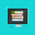 Books stack on computer screen vector illustration, flat cartoon pc with books, concept of ebook library, digital online Royalty Free Stock Photo