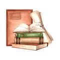 Books stack and Notebook with papyrus scroll. Composition with old parchment sheet and diary. Hand drawn watercolor Royalty Free Stock Photo