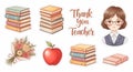 Books stack with teacher illustration and floral elements Royalty Free Stock Photo