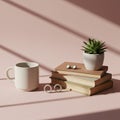 Books stacked on a flat surface under soft lighting, creating shadows on the pink Royalty Free Stock Photo