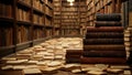 The books are stacked on the floor in different order