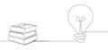 Books stape connect with lightbulb drawn in single continuous line. Clean and Royalty Free Stock Photo