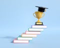 Books step with trophy graduation cap on top. knowledge learning concept. congratulation for success education. study in school Royalty Free Stock Photo