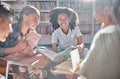 Books, storytelling or excited students reading in library for learning development or youth group growth. Smile Royalty Free Stock Photo