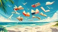 Books for Summer: Various books are flying through a typical summer beach scenery