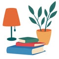 Books, table lamp and houseplant composition. Love books. Cozy scene with a pile of textbooks. Leisure, hobby or exam preparation