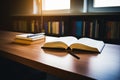 Books on the table in library. Education concept. Back to school