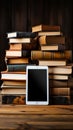 Books and tablet share white space, creating a modern contrasted composition