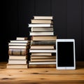 Books and tablet share white space, creating a modern contrasted composition