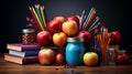 Books textbooks notebooks pencils and pens with apples for studying and learning Royalty Free Stock Photo