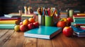 Books textbooks notebooks pencils and pens with apples for studying Royalty Free Stock Photo