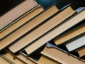 Books textbooks stacked on a shelf, a bookshelf with book spines, teaching literature at school College