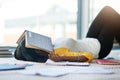 Books, tired student and woman sleeping after studying for college, university research or academy school project Royalty Free Stock Photo