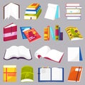 Books vector opened diary story-book and notebook on bookshelves in library or bookstore illustration set of bookish