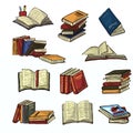 Books vector stack of textbooks and notebooks on bookshelves in library or bookstore illustration set of bookish cover