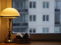 Books, Vintage lamp lit on a winter evening with a snowstorm outside