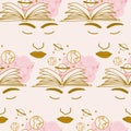 Books, woman, celestial elements and flowers in a seamless pattern design