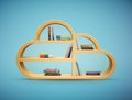 Books on wooden shelf cloud shape