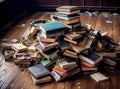 books on wooden table in style of structured chaos