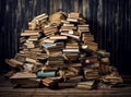 books on wooden table in style of structured chaos