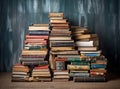 books on wooden table in style of structured chaos