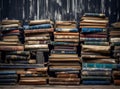 books on wooden table in style of structured chaos