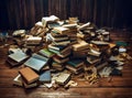 books on wooden table in style of structured chaos