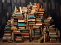 books on wooden table in style of structured chaos