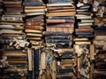 books on wooden table in style of structured chaos