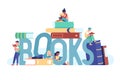 Books word people. Readers characters around big letters, stack of textbooks, literature lovers reading, culture and