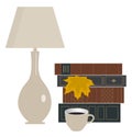Books, yellow maple leaf, lamp and cup of coffee. I love to read in autumn, concept