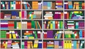 Bookshelf background. Shelves full of colorful books. Home library with books. Vector close up illustration. Cartoon Design Style.