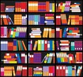 Bookshelf background. Shelves full of colorful books. Home library with books. Vector close up illustration. Cartoon Design Style.