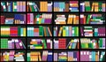 Bookshelf background. Shelves full of colorful books. Home library with books. Vector close up illustration. Cartoon Design Style.