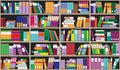 Bookshelf background. Shelves full of colorful books. Home library with books. Vector close up illustration. Cartoon Design Style.