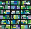 Bookshelf background. Shelves full of colorful books. Home library with books. Vector close up illustration. Cartoon Design Style.