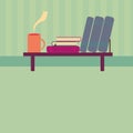 Bookshelf with books and cup of tea in style flat Royalty Free Stock Photo