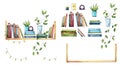 Bookshelf with books, flowerpots and other objects watercolor