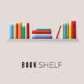 Bookshelf with books on wall. Stack of paper books in retro cover color. Vector illustration