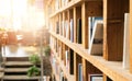 Bookshelf in the coffee shop library corner. Education concept Royalty Free Stock Photo