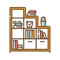 Bookshelf color line icon. Standing furniture with horizontal shelves, often in a cabinet, used to store books. Pictogram for web